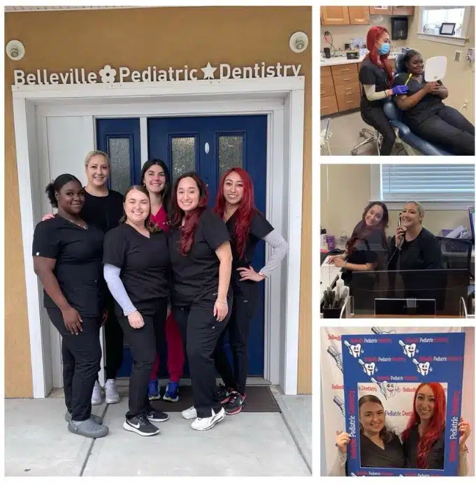 A collage of the Belleville Pediatric Dentistry staff outside the office and assisting patients.